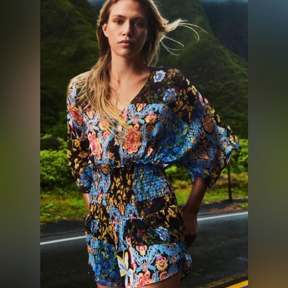 Zara Multicolored Patchwork Textured Floral Chiffon Romper ✨
